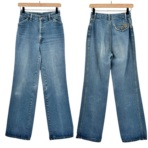 Vintage 70s Chic High Waisted Wide Leg Trouser Jeans 100% Cotton USA | 25" x 32" - Picture 1 of 15